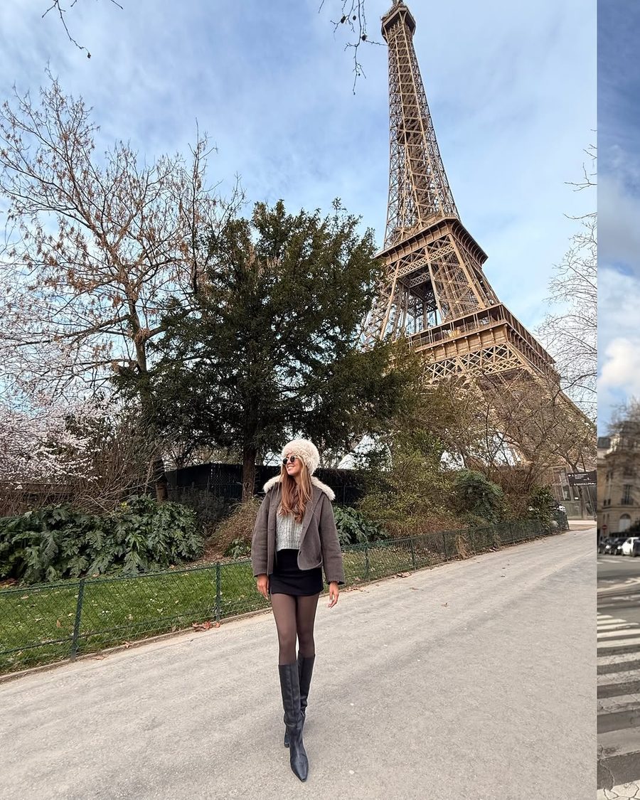 Look de invierno frente a la Torre Eiffel, París